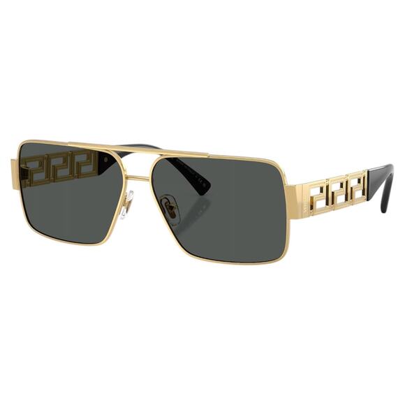 New VERSACE Sunglasses Gold Metal Greca Logo Rectangle Black Gray - Picture 1 of 6